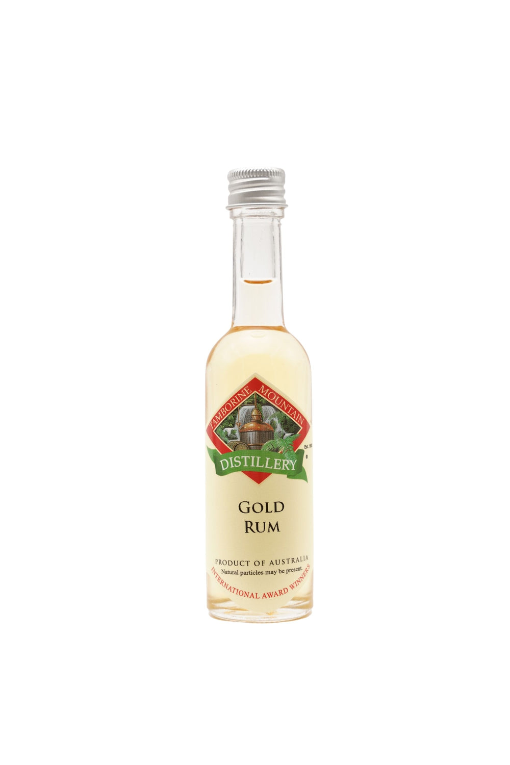 55ml handcrafted bottle of Tamborine Mountain Distillery’s Gold Rum, in clear glass with small artisan label
