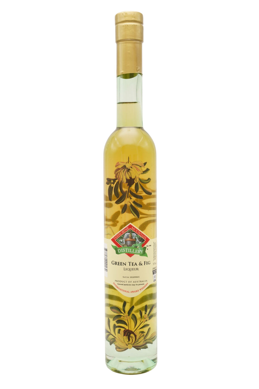 375ml handcrafted bottle of Tamborine Mountain Distillery’s Green Tea & Fig Liqueur, featuring botanical artwork, coloured glass, and small artisan label