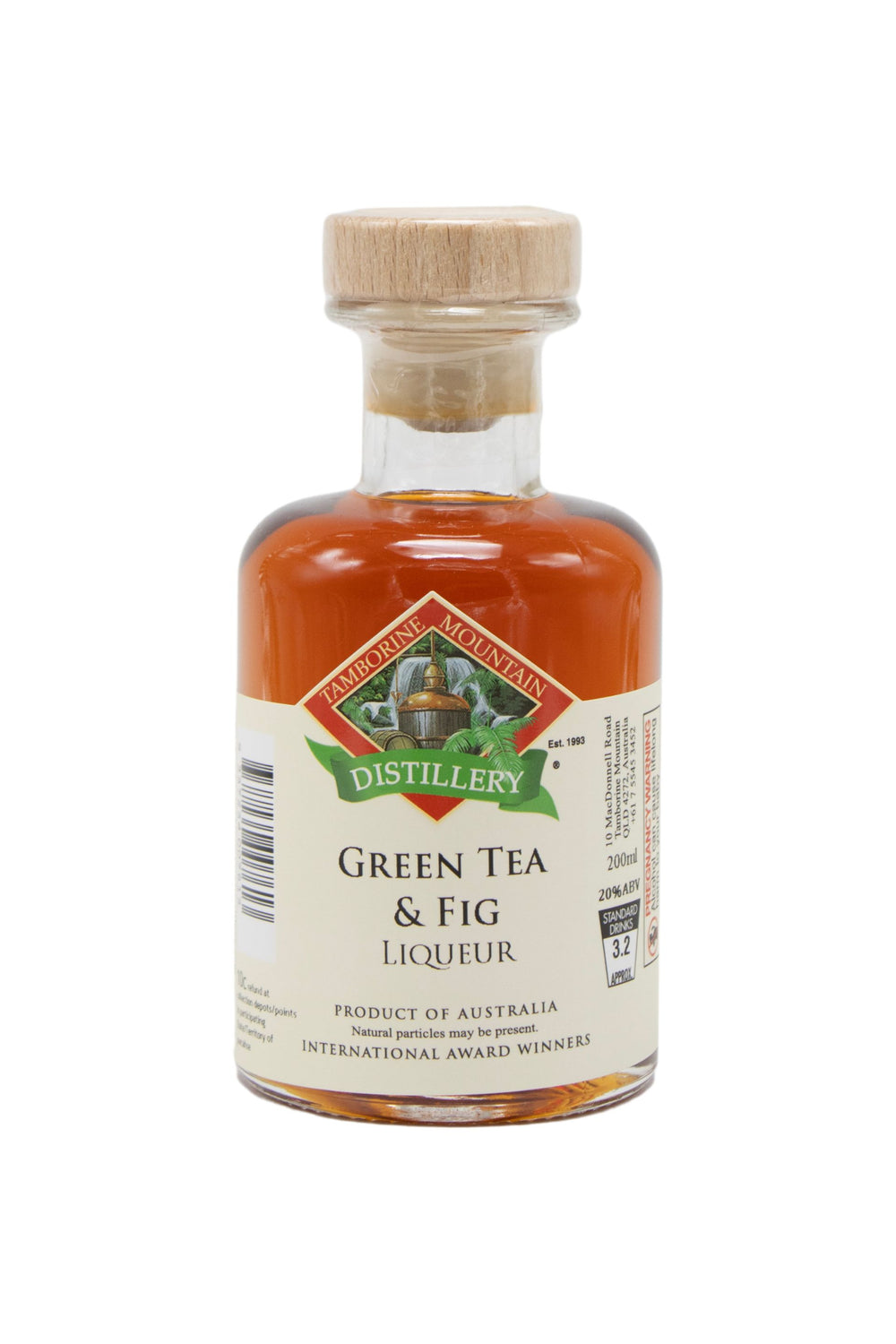 200ml handcrafted bottle of Tamborine Mountain Distillery’s Green Tea & Fig Liqueur, in clear glass with small artisan label