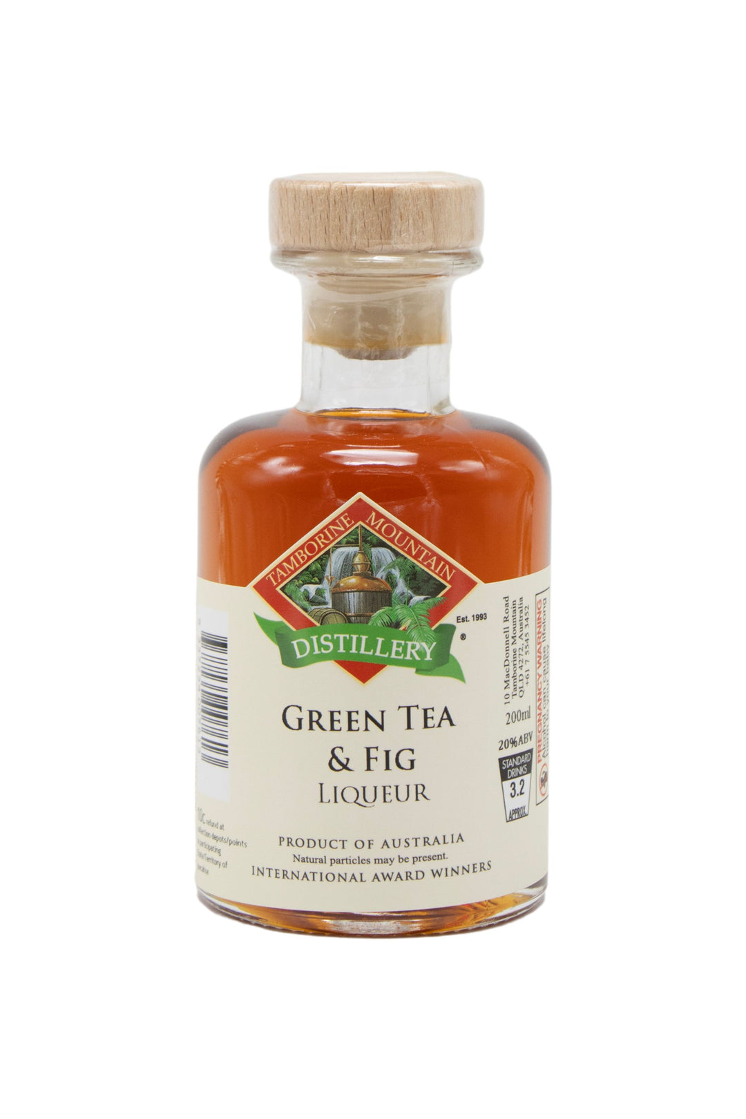 200ml handcrafted bottle of Tamborine Mountain Distillery’s Green Tea & Fig Liqueur, in clear glass with small artisan label