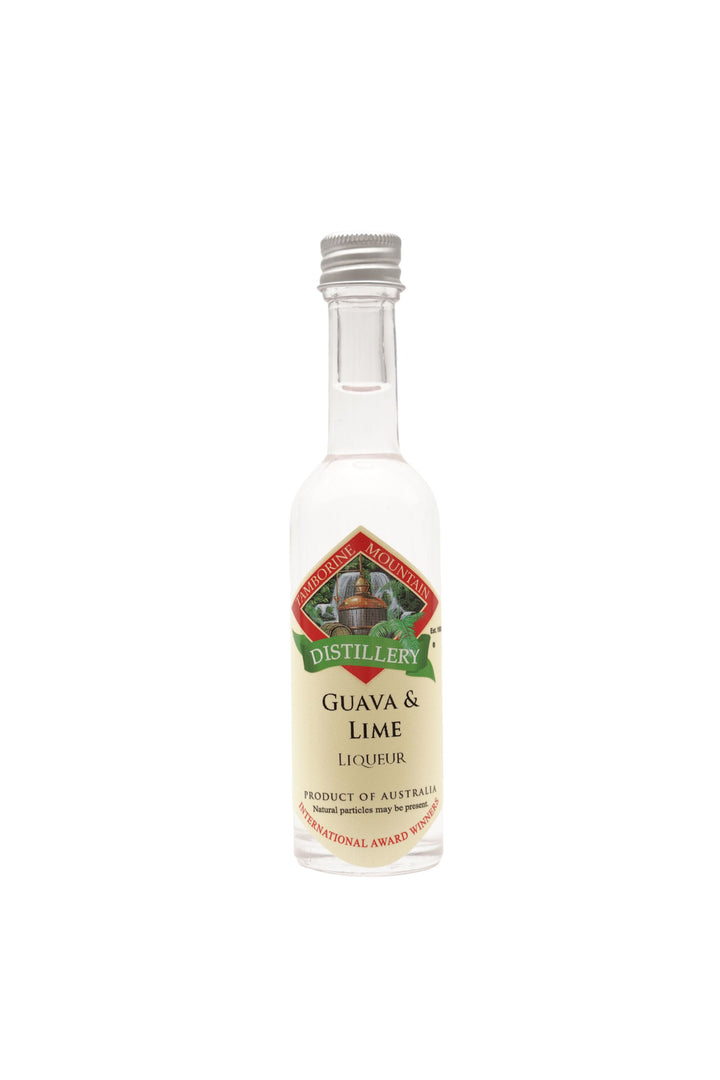 200ml handcrafted bottle of Tamborine Mountain Distillery’s Guava & Lime Liqueur, in clear glass with small artisan label