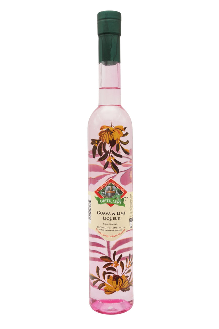 375ml handcrafted bottle of Tamborine Mountain Distillery’s Guava & Lime Liqueur, featuring botanical artwork, coloured glass, and small artisan label