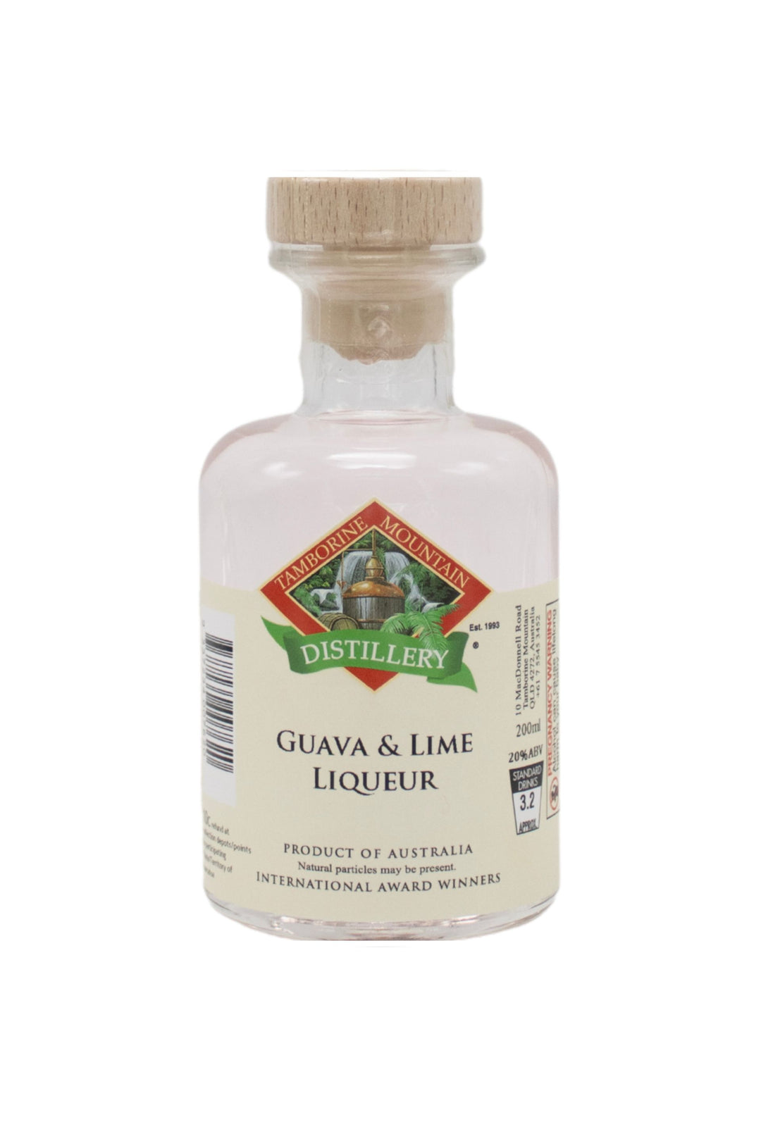 200ml handcrafted bottle of Tamborine Mountain Distillery’s Guava & Lime Liqueur, in clear glass with small artisan label