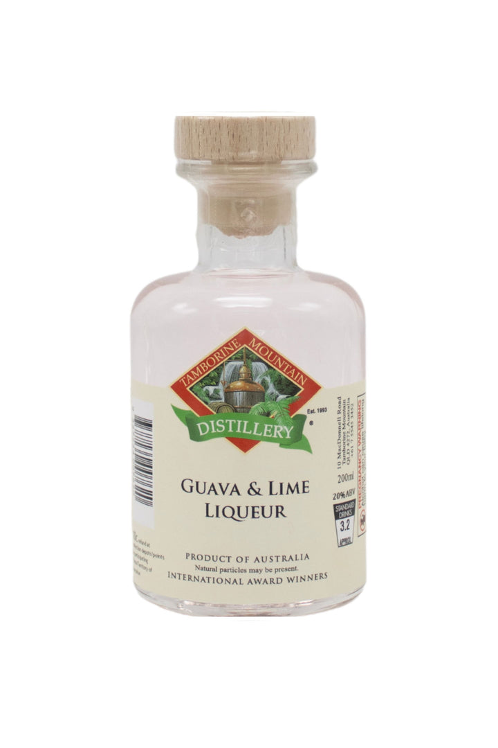 200ml handcrafted bottle of Tamborine Mountain Distillery’s Guava & Lime Liqueur, in clear glass with small artisan label