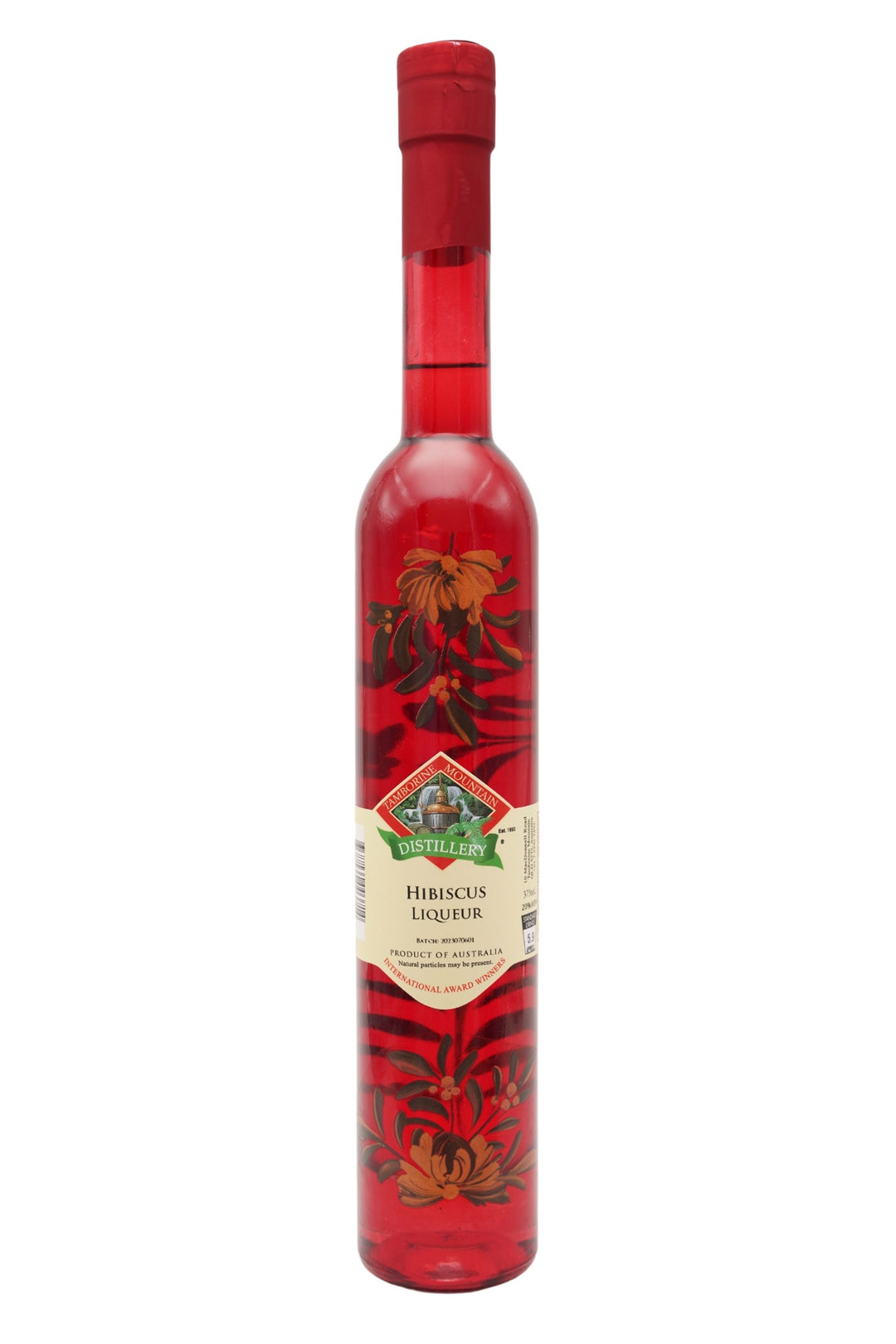 375ml handcrafted bottle of Tamborine Mountain Distillery’s Hibiscus Liqueur, featuring botanical artwork, coloured glass, and small artisan label