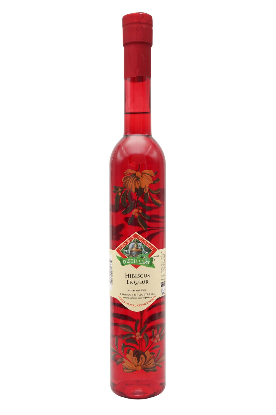 375ml handcrafted bottle of Tamborine Mountain Distillery’s Hibiscus Liqueur, featuring botanical artwork, coloured glass, and small artisan label