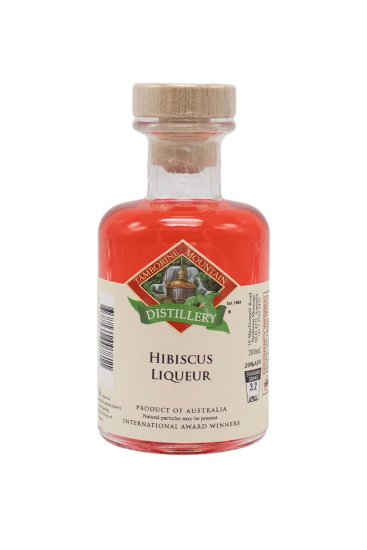 200ml handcrafted bottle of Tamborine Mountain Distillery’s Hibiscus Liqueur, in clear glass with small artisan label