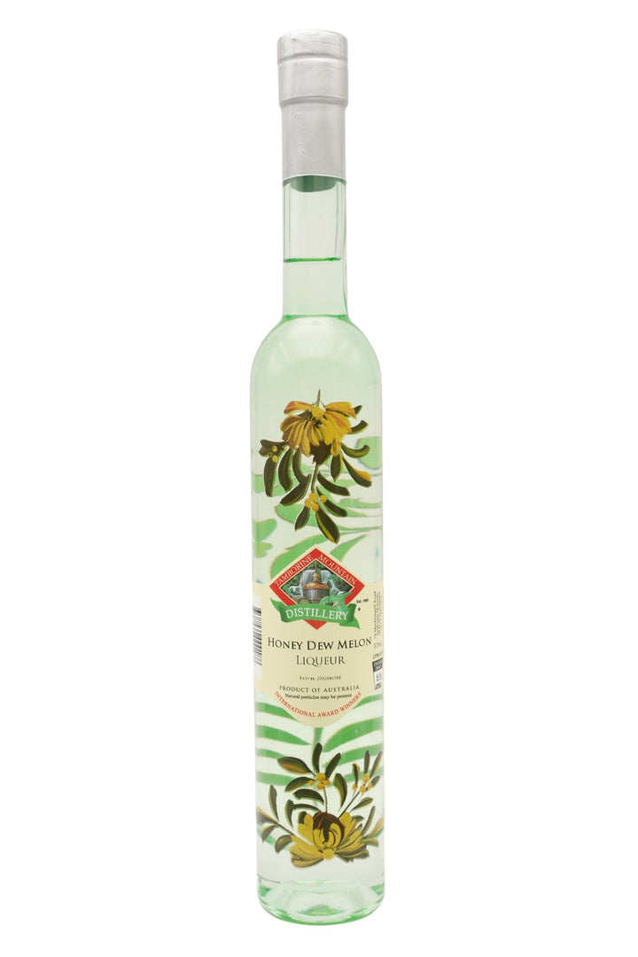 375ml handcrafted bottle of Tamborine Mountain Distillery’s Honey Dew Melon Liqueur, featuring botanical artwork, coloured glass, and small artisan label
