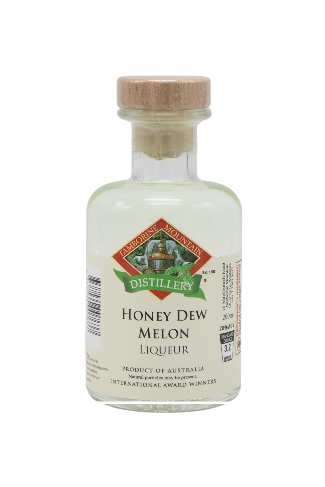 200ml handcrafted bottle of Tamborine Mountain Distillery’s Honey Dew Melon Liqueur, in clear glass with small artisan label
