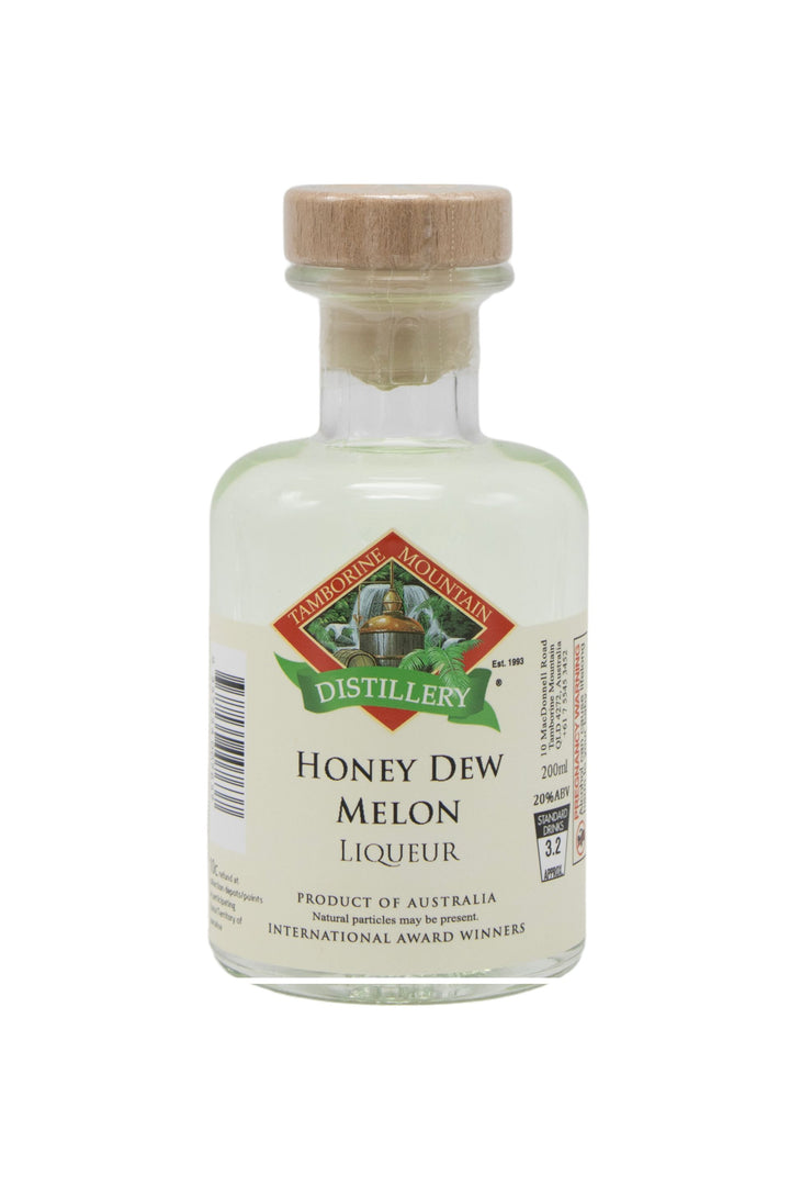 200ml handcrafted bottle of Tamborine Mountain Distillery’s Honey Dew Melon Liqueur, in clear glass with small artisan label