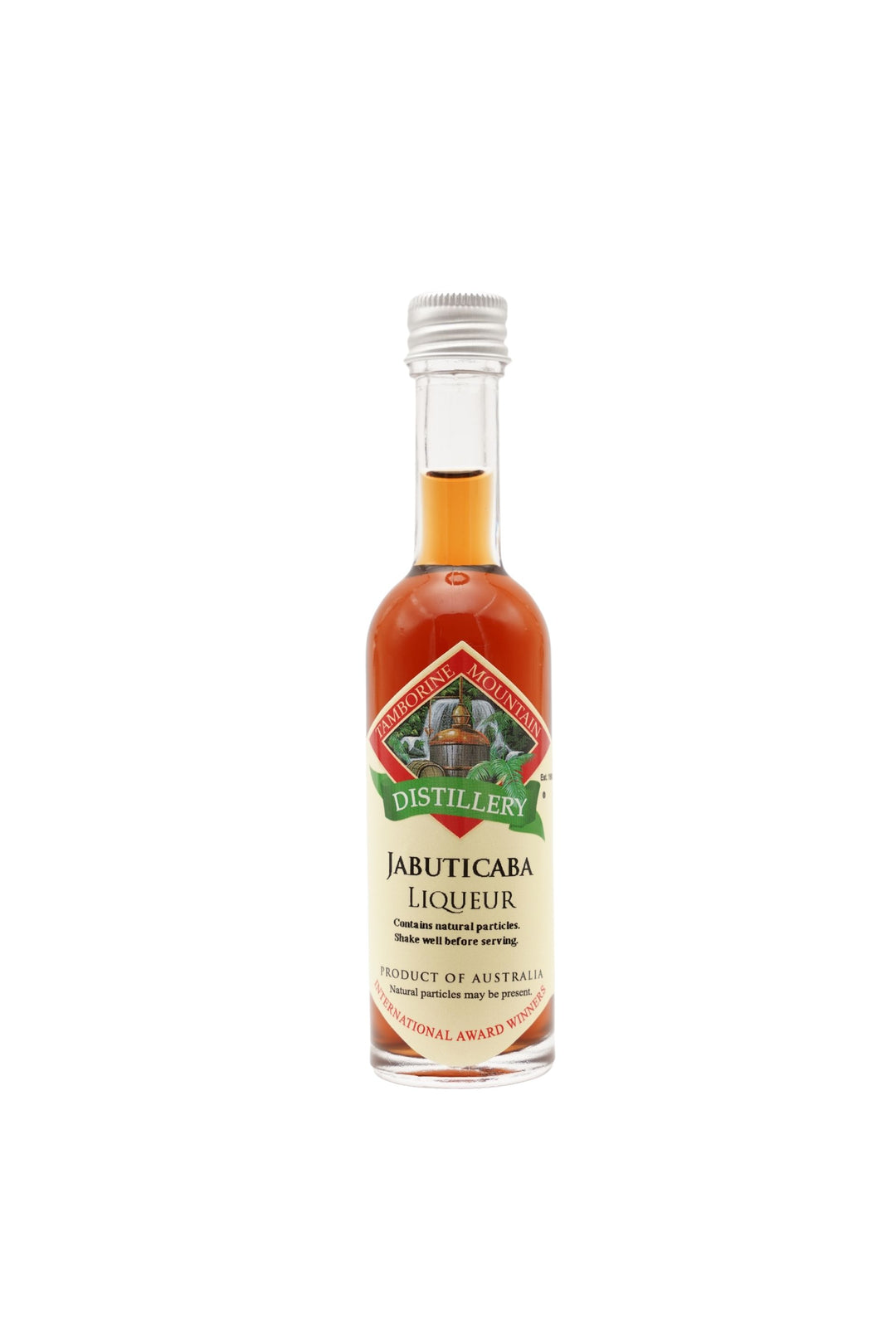 55ml handcrafted bottle of Tamborine Mountain Distillery’s Jabuticaba Liqueur, in clear glass with small artisan label