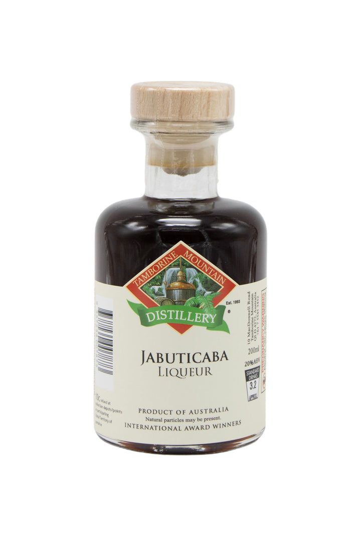 200ml handcrafted bottle of Tamborine Mountain Distillery’s Jabuticaba Liqueur, in clear glass with small artisan label