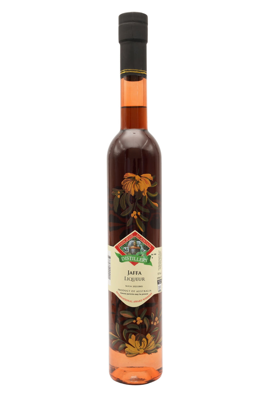 375ml handcrafted bottle of Tamborine Mountain Distillery’s Jaffa Liqueur, featuring botanical artwork, coloured glass, and small artisan label