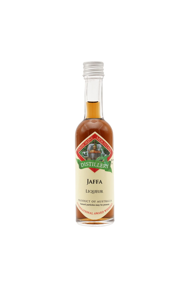 55ml handcrafted bottle of Tamborine Mountain Distillery’s Jaffa Liqueur, in clear glass with small artisan label