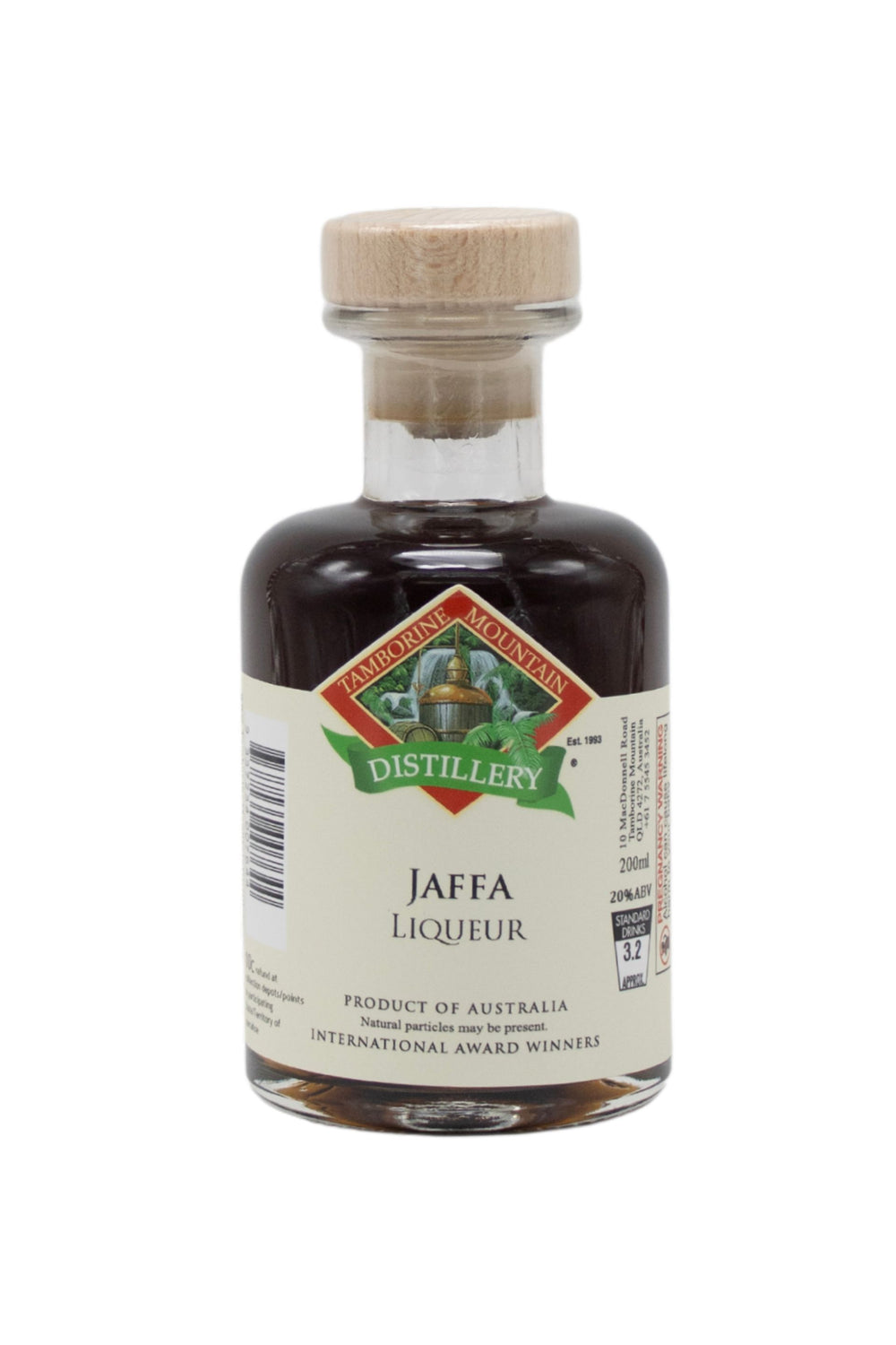 200ml handcrafted bottle of Tamborine Mountain Distillery’s Jaffa Liqueur, in clear glass with small artisan label
