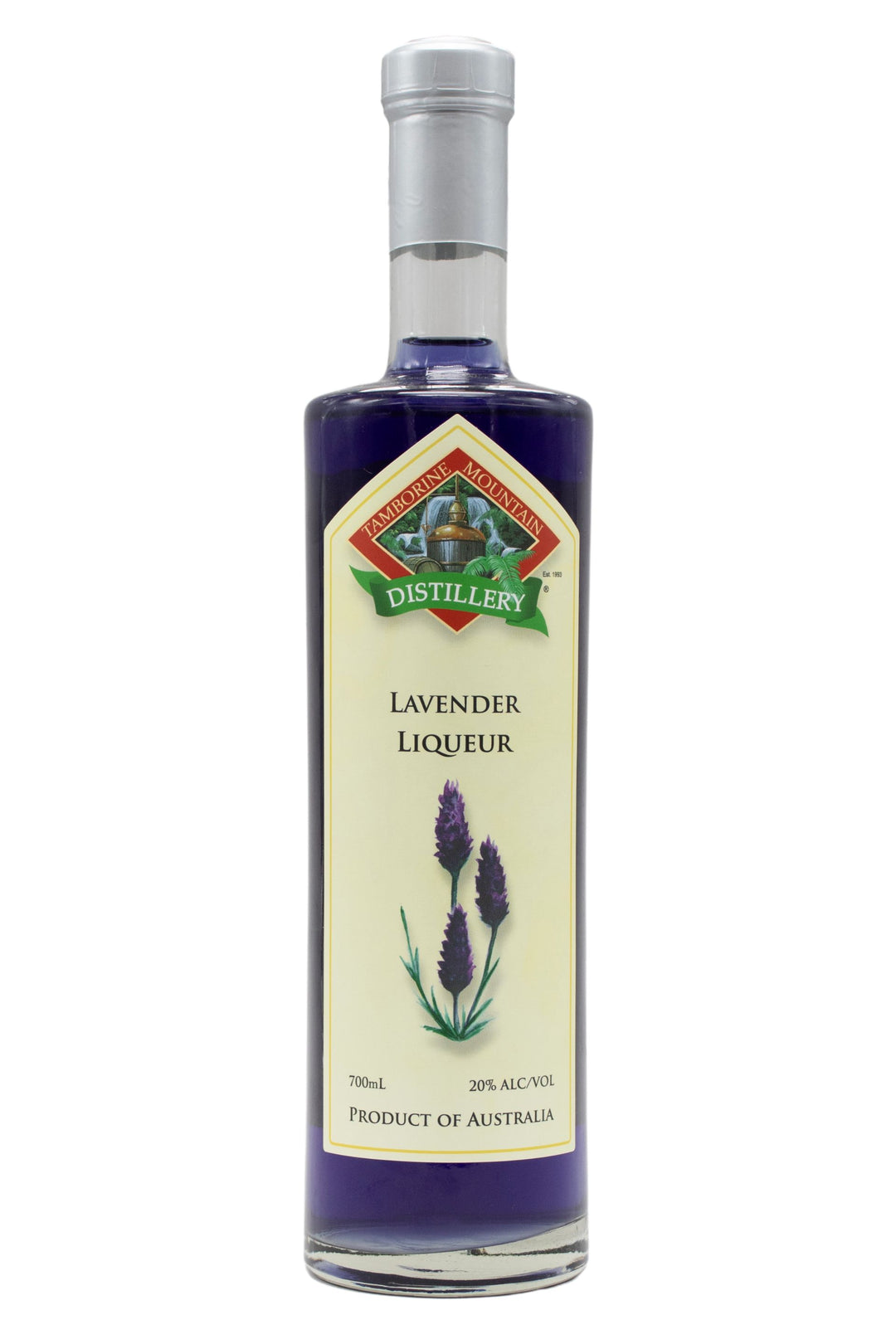 700ml clear glass bottle of Tamborine Mountain Distillery Lavender Liqueur, featuring a watercolour-style illustrated label reflecting its flavour profile.