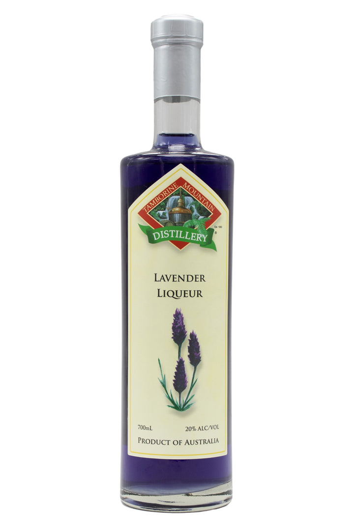 700ml clear glass bottle of Tamborine Mountain Distillery Lavender Liqueur, featuring a watercolour-style illustrated label reflecting its flavour profile.