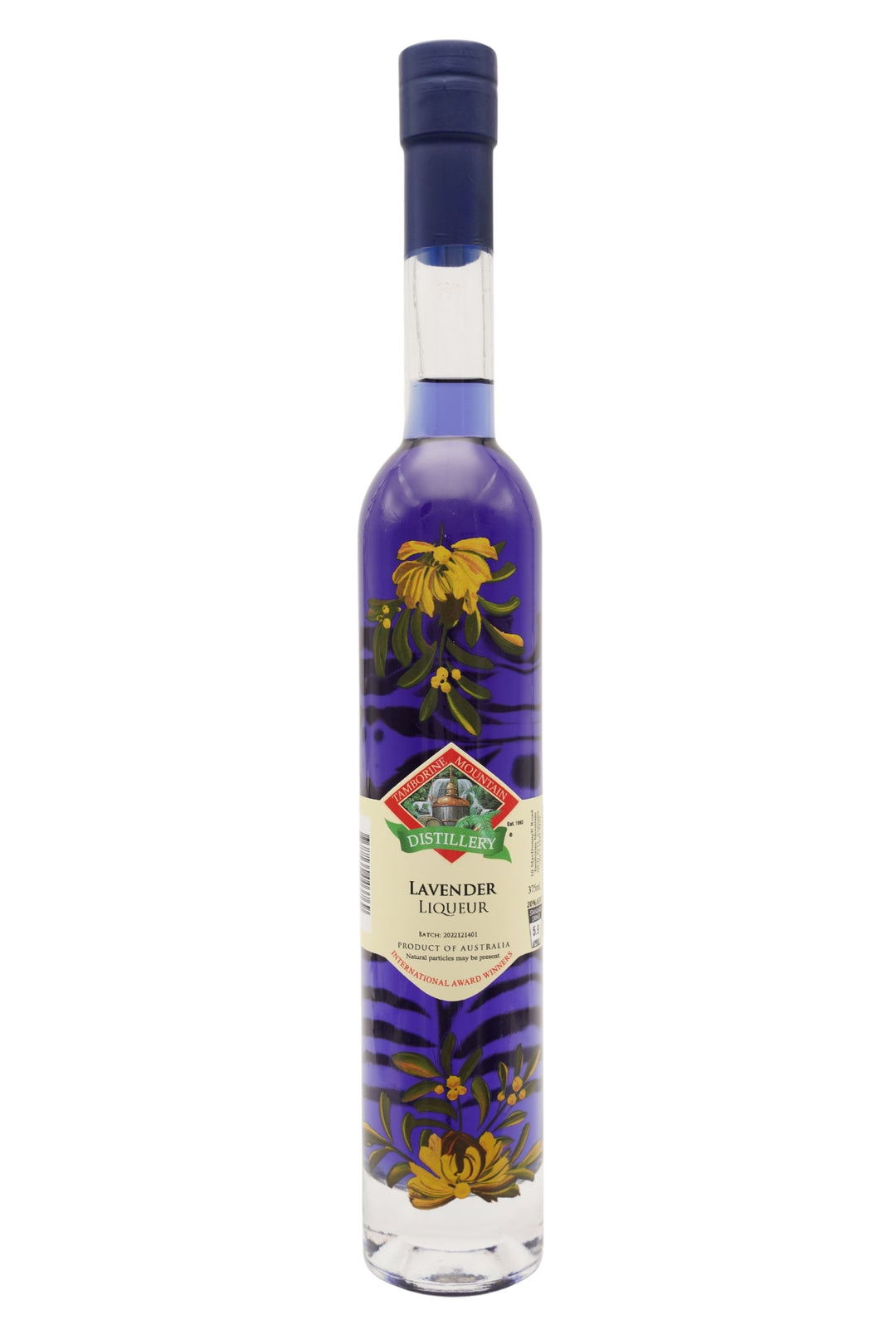 375ml handcrafted bottle of Tamborine Mountain Distillery’s Lavender Liqueur, featuring botanical artwork, coloured glass, and small artisan label