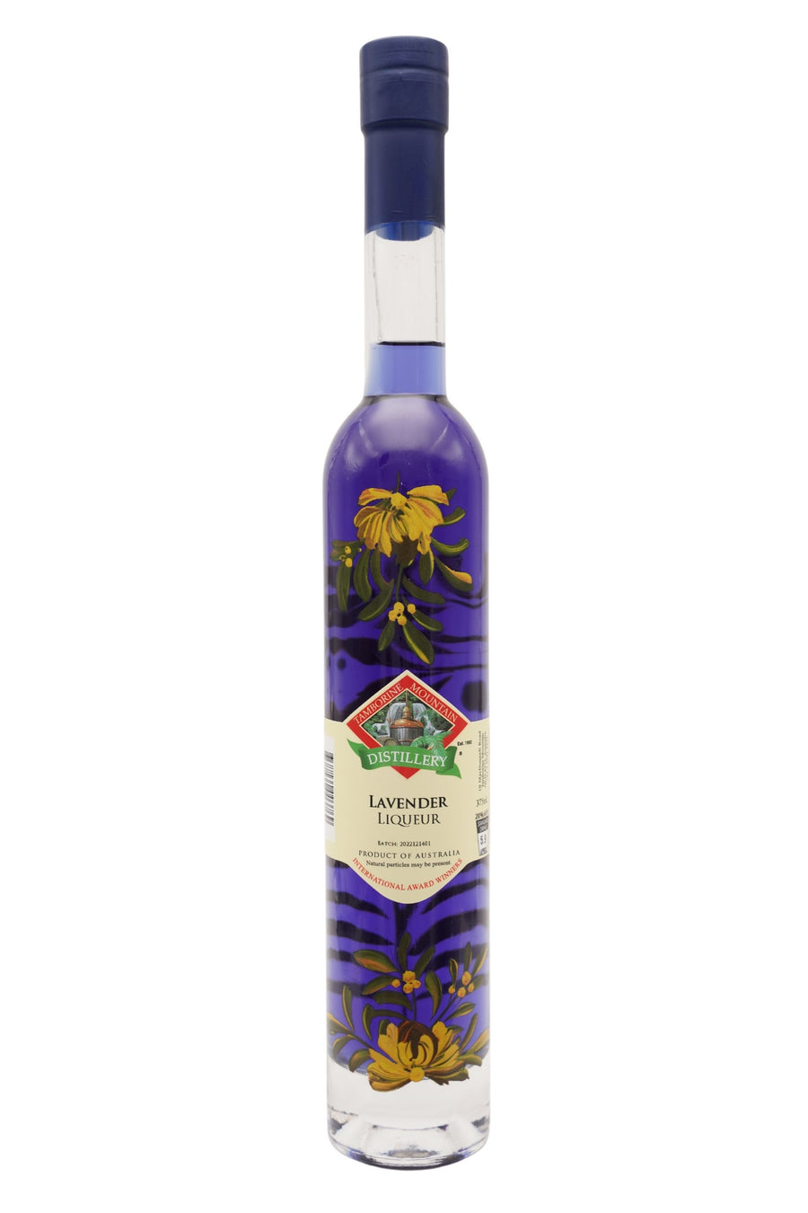 375ml handcrafted bottle of Tamborine Mountain Distillery’s Lavender Liqueur, featuring botanical artwork, coloured glass, and small artisan label