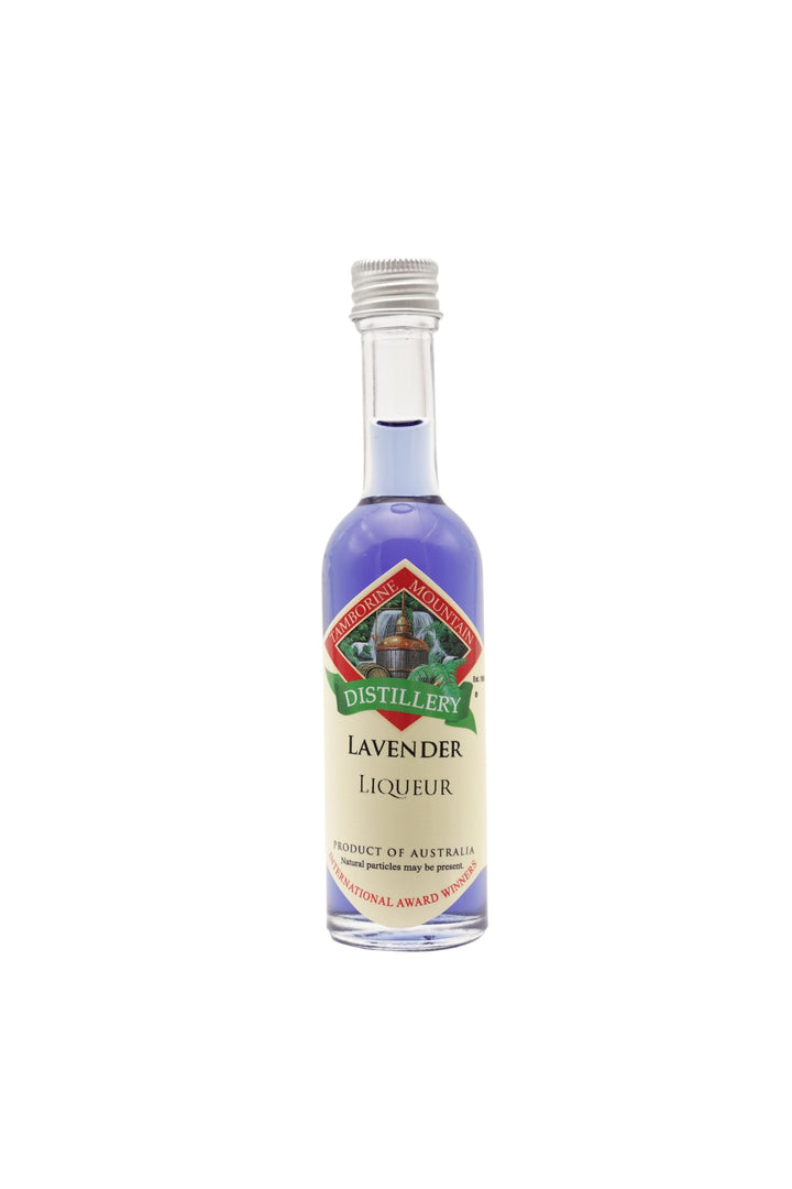 55ml handcrafted bottle of Tamborine Mountain Distillery’s Lavender Liqueur, in clear glass with small artisan label