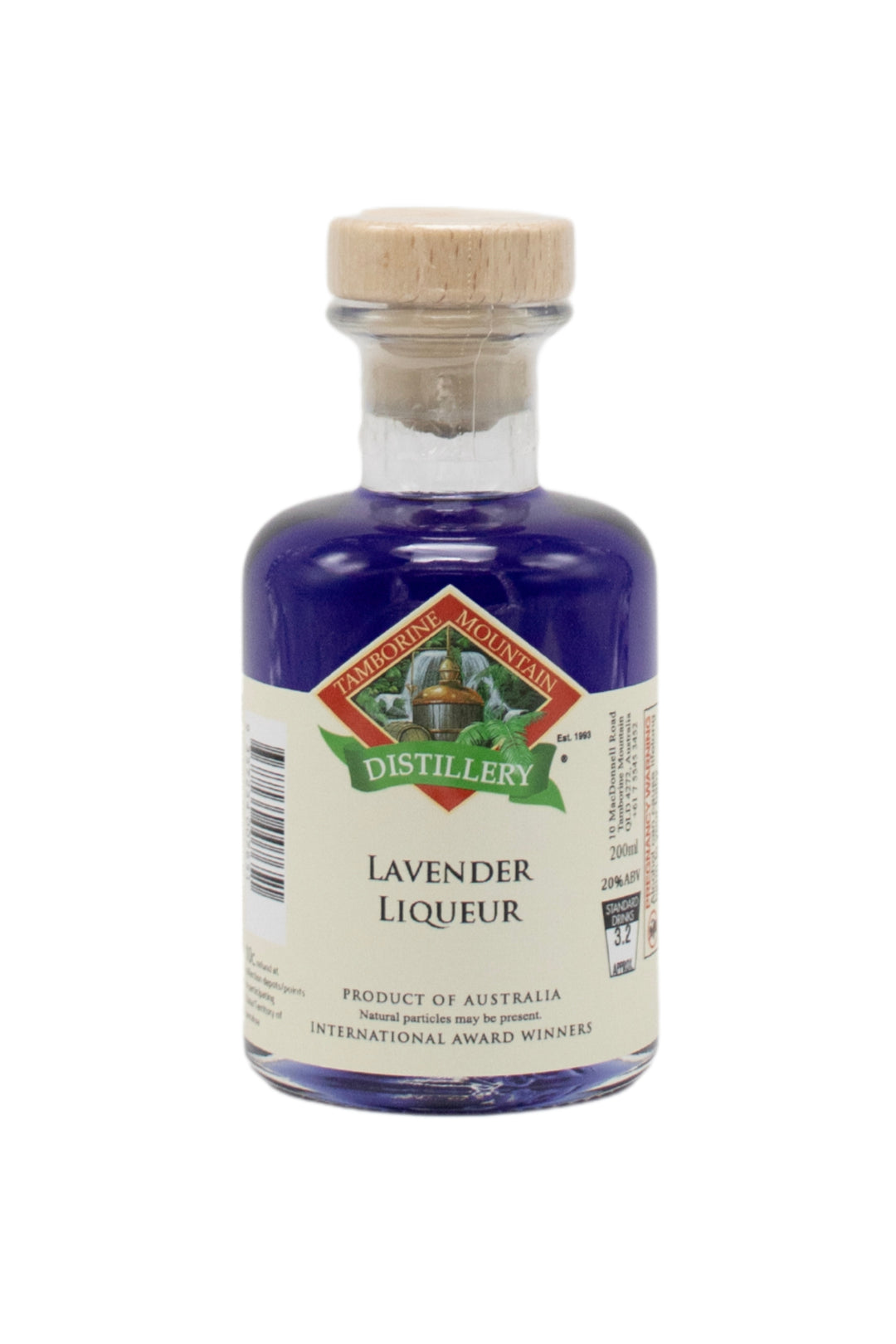 200ml handcrafted bottle of Tamborine Mountain Distillery’s Lavender Liqueur, in clear glass with small artisan label