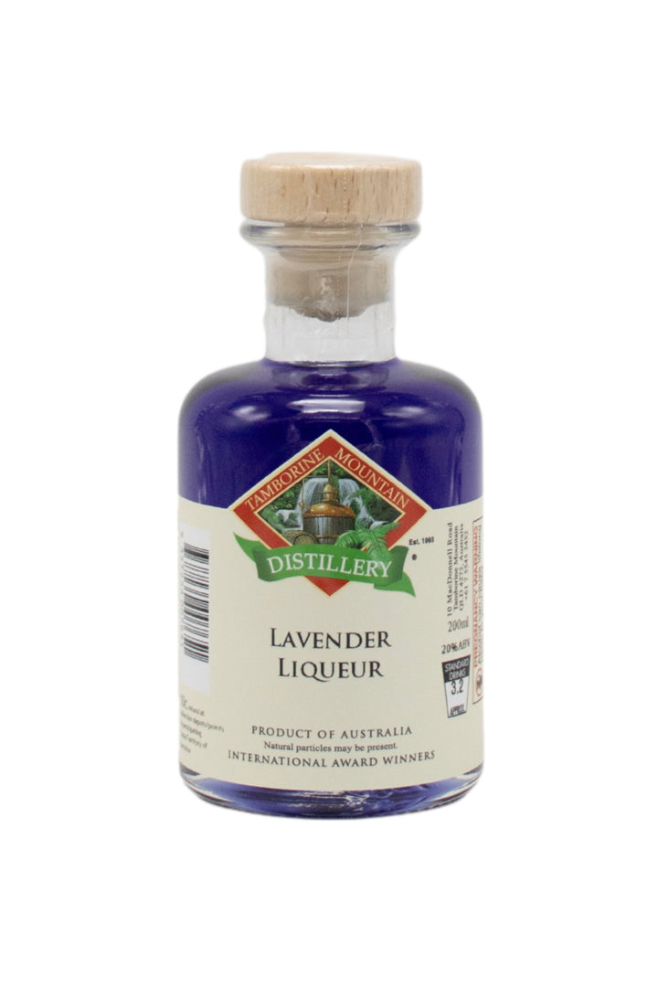 200ml handcrafted bottle of Tamborine Mountain Distillery’s Lavender Liqueur, in clear glass with small artisan label