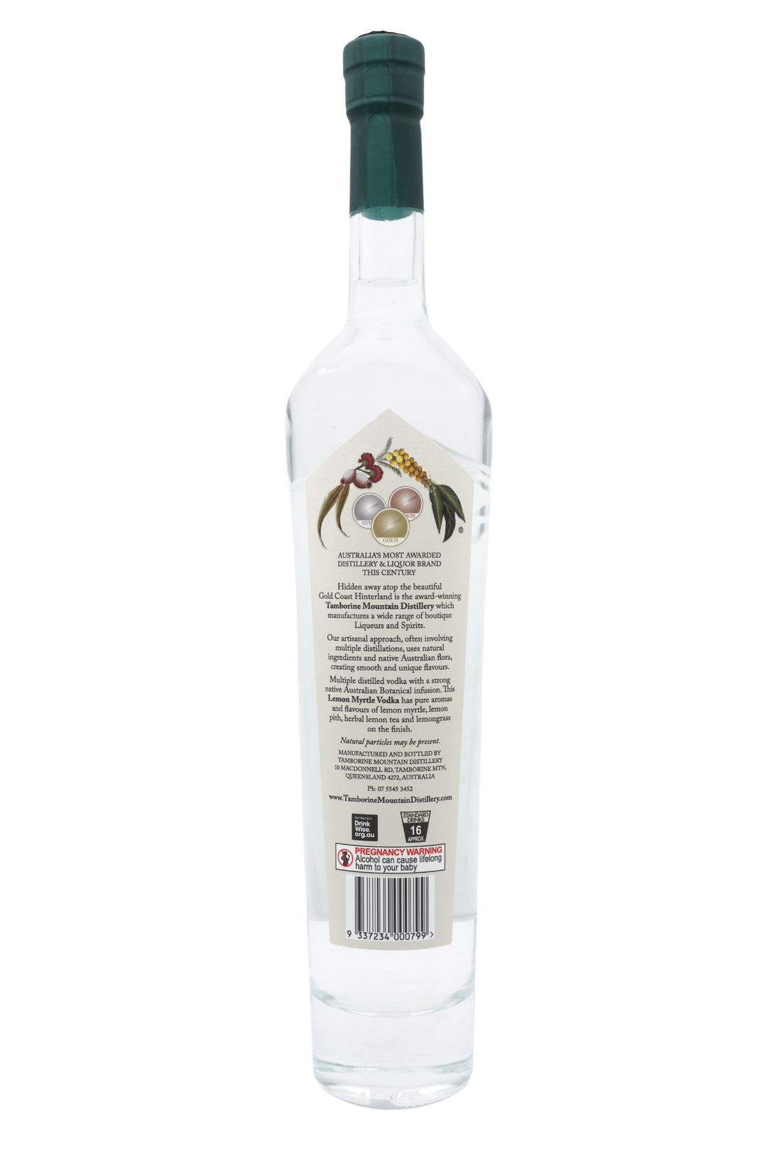 Back of 500ml clear glass bottle of Tamborine Mountain Distillery Lemon Myrtle Vodka, featuring a watercolour-style illustrated label reflecting its flavour profile.