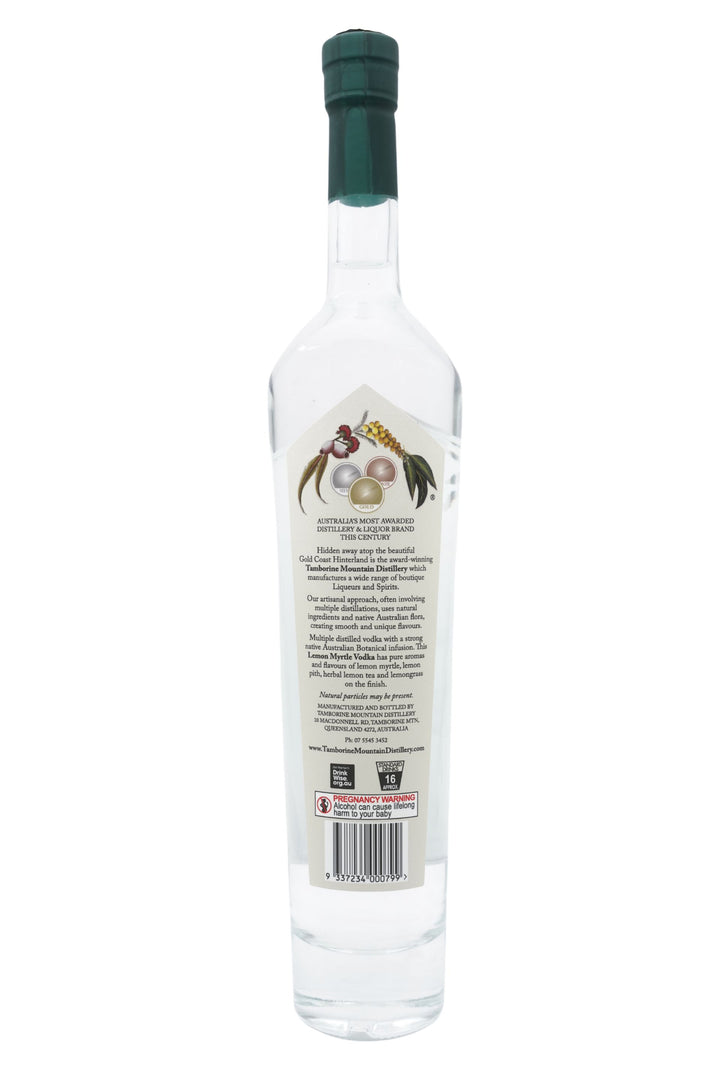 Back of 500ml clear glass bottle of Tamborine Mountain Distillery Lemon Myrtle Vodka, featuring a watercolour-style illustrated label reflecting its flavour profile.
