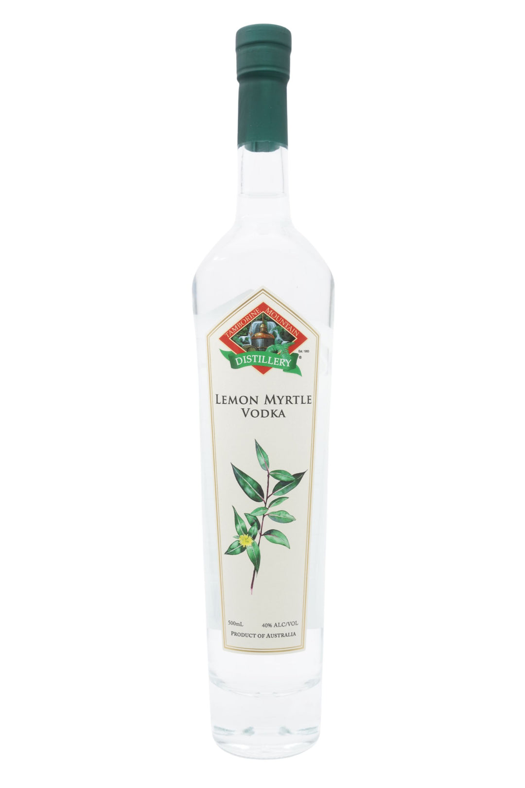 Front of 500ml clear glass bottle of Tamborine Mountain Distillery Lemon Myrtle Vodka, featuring a watercolour-style illustrated label reflecting its flavour profile.