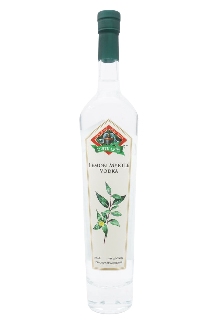 Front of 500ml clear glass bottle of Tamborine Mountain Distillery Lemon Myrtle Vodka, featuring a watercolour-style illustrated label reflecting its flavour profile.