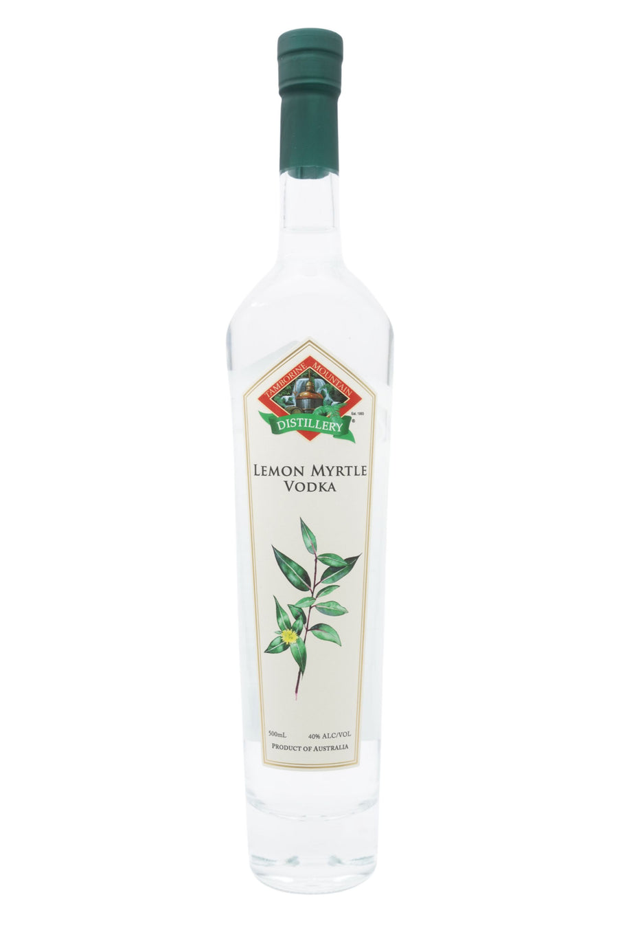 Front of 500ml clear glass bottle of Tamborine Mountain Distillery Lemon Myrtle Vodka, featuring a watercolour-style illustrated label reflecting its flavour profile.