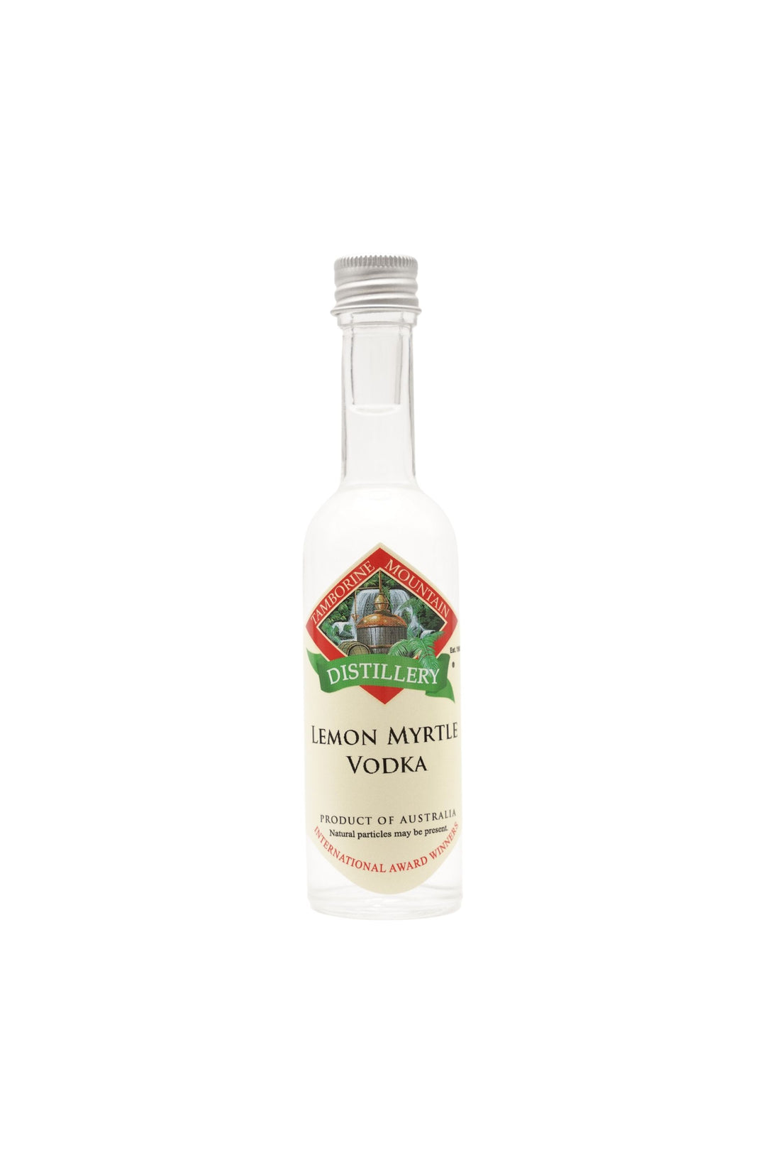 55ml handcrafted bottle of Tamborine Mountain Distillery’s Lemon Myrtle Vodka, in clear glass with small artisan label