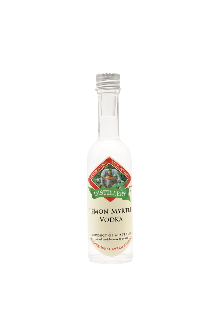 55ml handcrafted bottle of Tamborine Mountain Distillery’s Lemon Myrtle Vodka, in clear glass with small artisan label