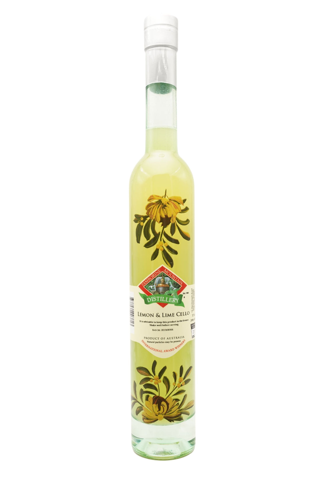 375ml handcrafted bottle of Tamborine Mountain Distillery’s Lemon & Limecello Liqueur, featuring botanical artwork, coloured glass, and small artisan label