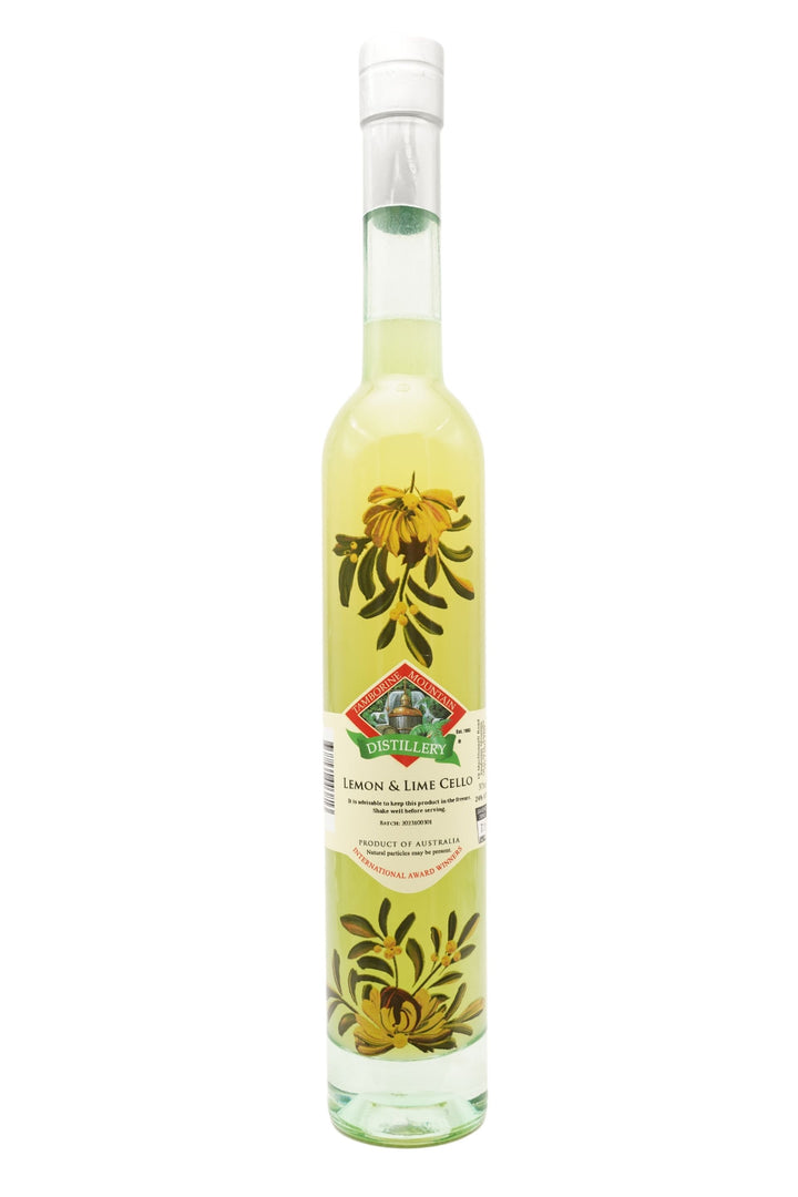 375ml handcrafted bottle of Tamborine Mountain Distillery’s Lemon & Limecello Liqueur, featuring botanical artwork, coloured glass, and small artisan label