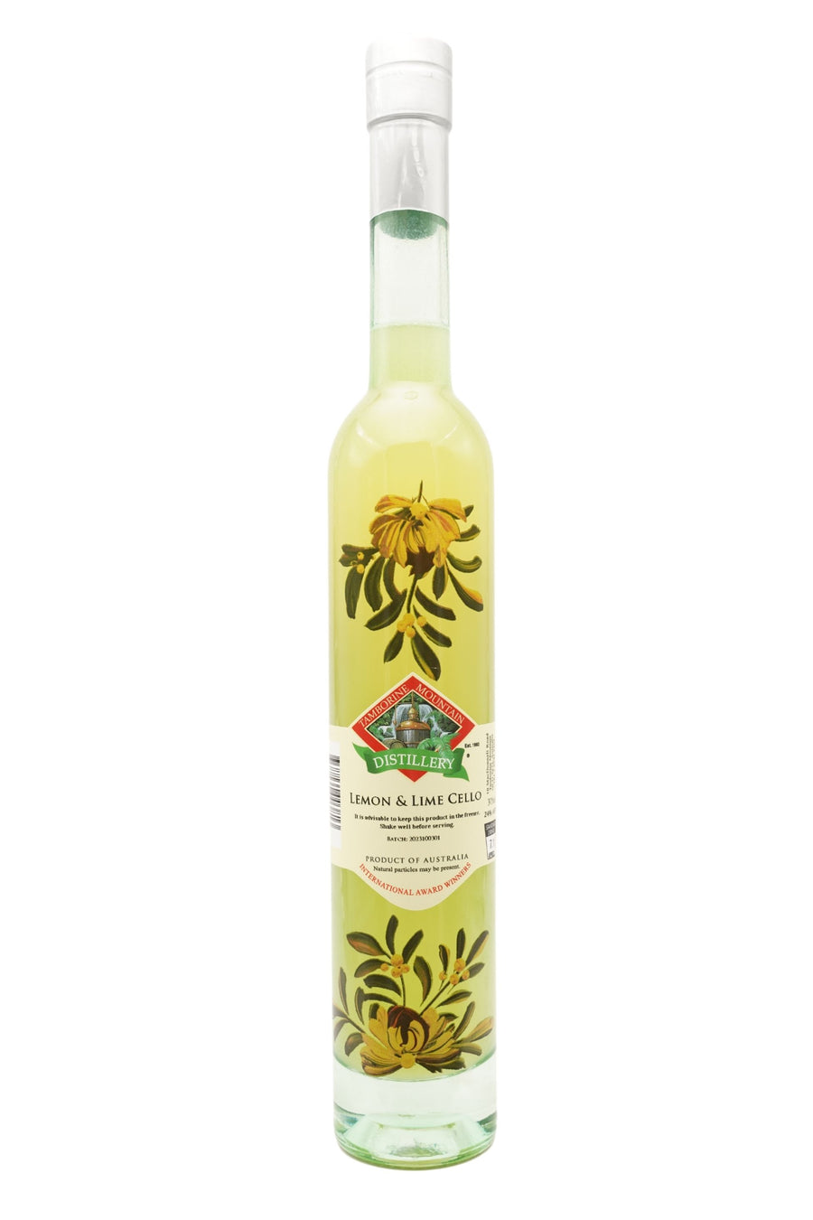 375ml handcrafted bottle of Tamborine Mountain Distillery’s Lemon & Limecello Liqueur, featuring botanical artwork, coloured glass, and small artisan label
