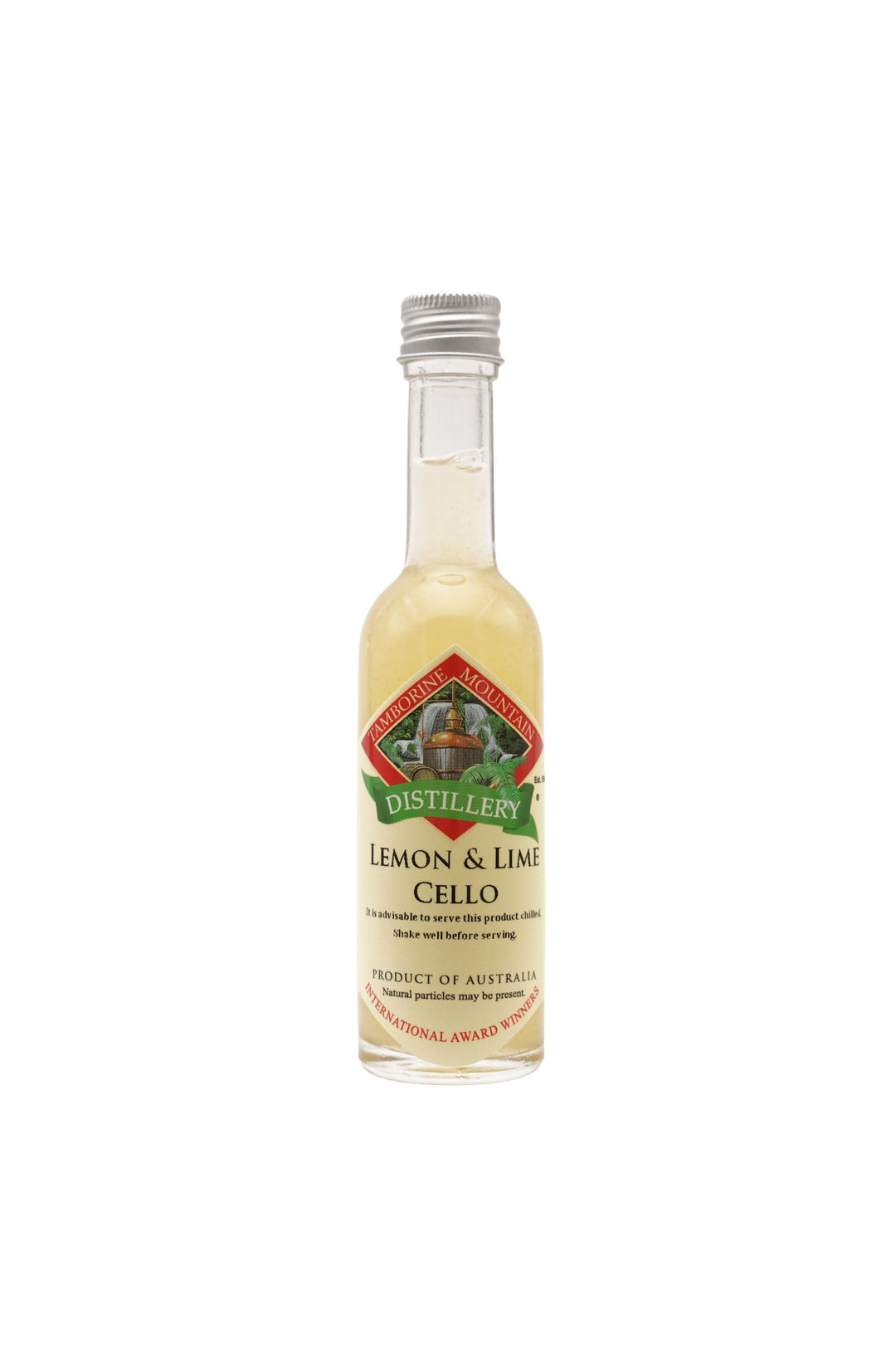 55ml handcrafted bottle of Tamborine Mountain Distillery’s Lemon & Limecello Liqueur, in clear glass with small artisan label