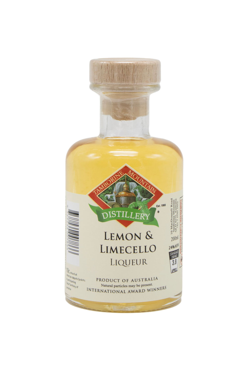 200ml handcrafted bottle of Tamborine Mountain Distillery’s Lemon & Limecello Liqueur, in clear glass with small artisan label