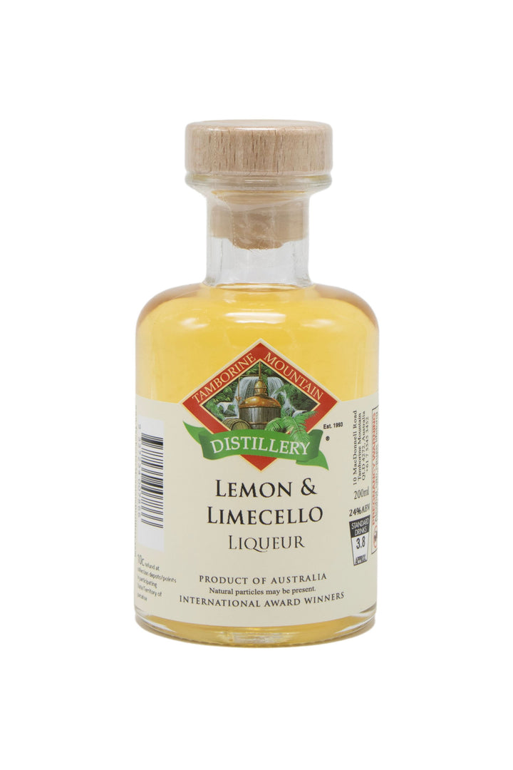 200ml handcrafted bottle of Tamborine Mountain Distillery’s Lemon & Limecello Liqueur, in clear glass with small artisan label