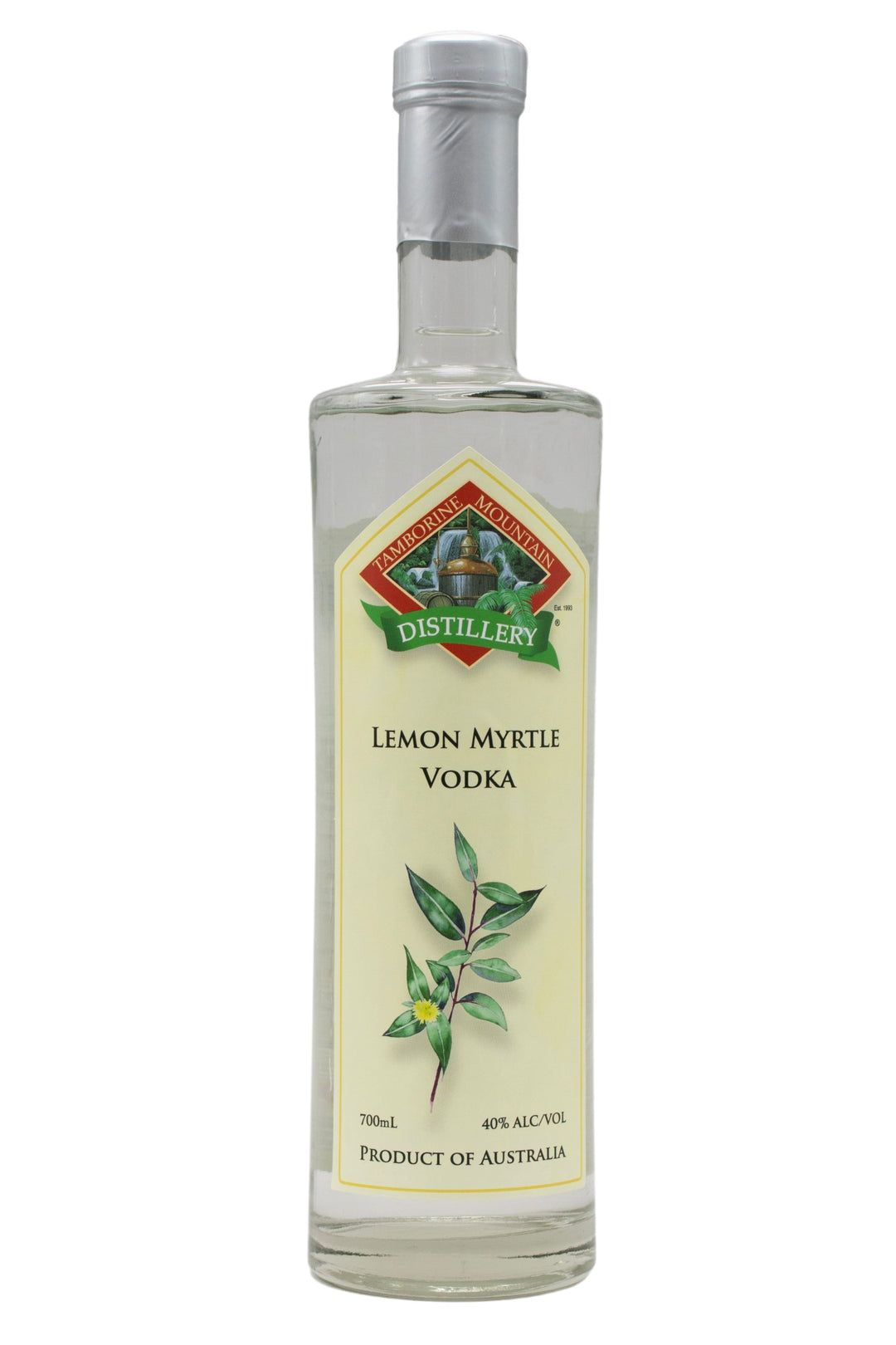 700ml clear glass bottle of Tamborine Mountain Distillery Lemon Myrtle Vodka, featuring a watercolour-style illustrated label reflecting its flavour profile.