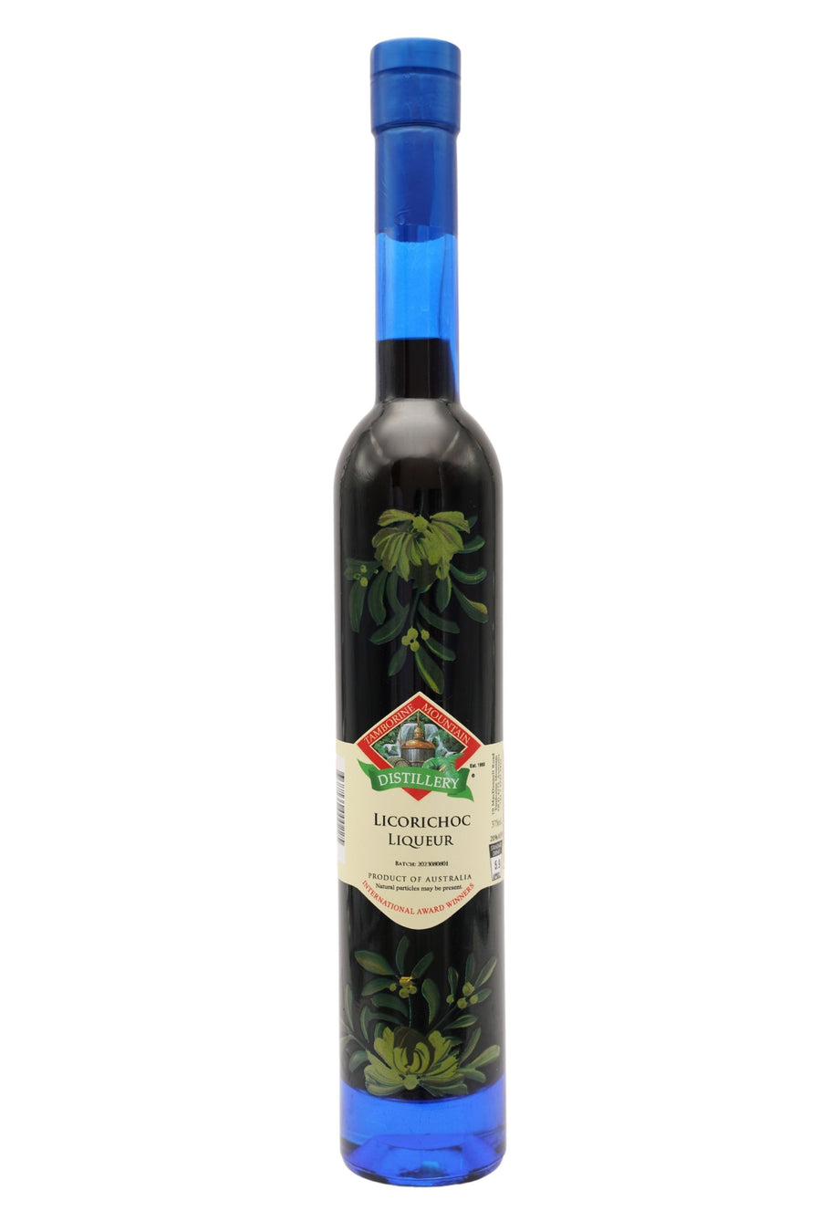 375ml handcrafted bottle of Tamborine Mountain Distillery’s Licorichoc Liqueur, featuring botanical artwork, coloured glass, and small artisan label