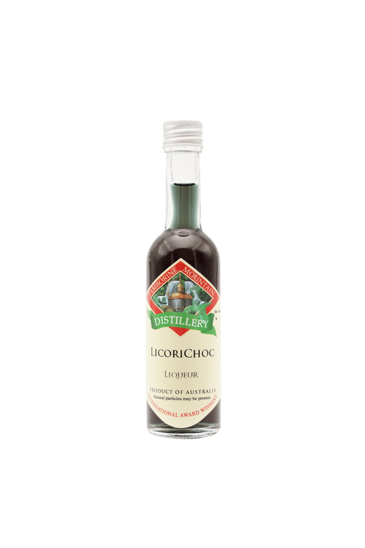 55ml handcrafted bottle of Tamborine Mountain Distillery’s Licorichoc Liqueur, in clear glass with small artisan label