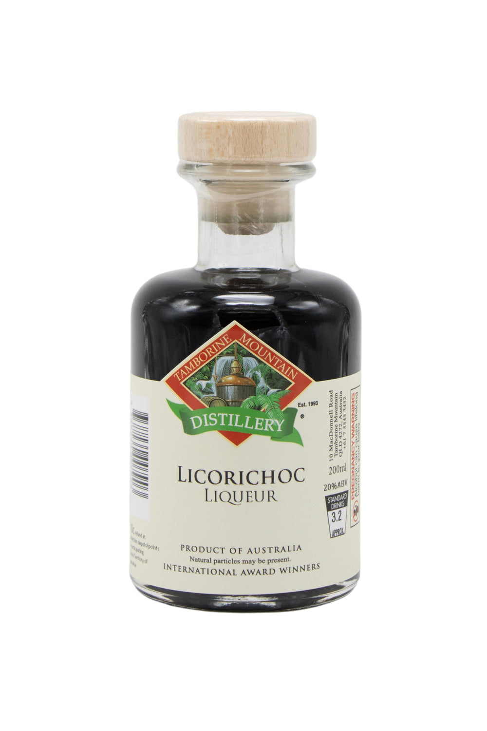 200ml handcrafted bottle of Tamborine Mountain Distillery’s Licorichoc Liqueur, in clear glass with small artisan label