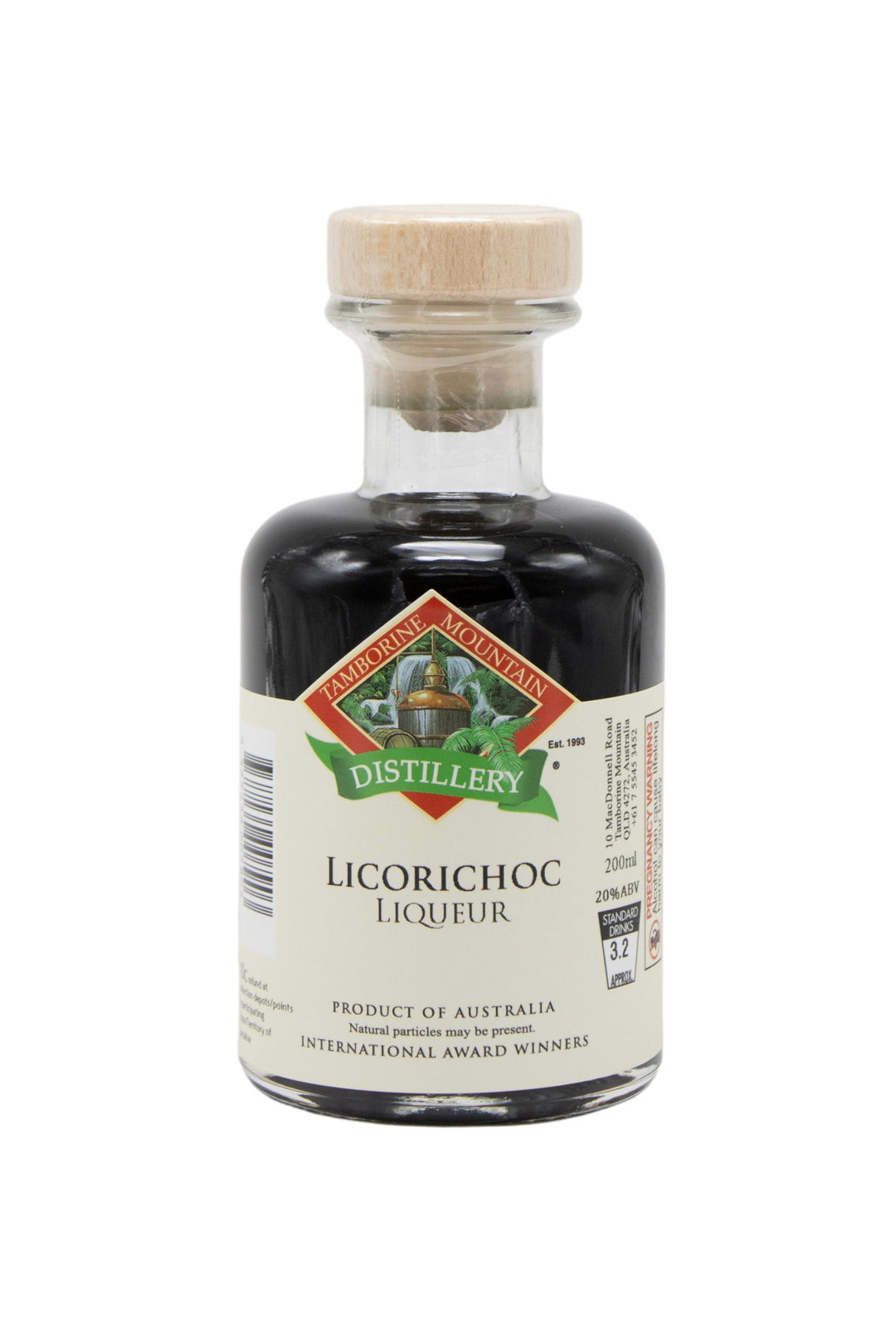 200ml handcrafted bottle of Tamborine Mountain Distillery’s Licorichoc Liqueur, in clear glass with small artisan label
