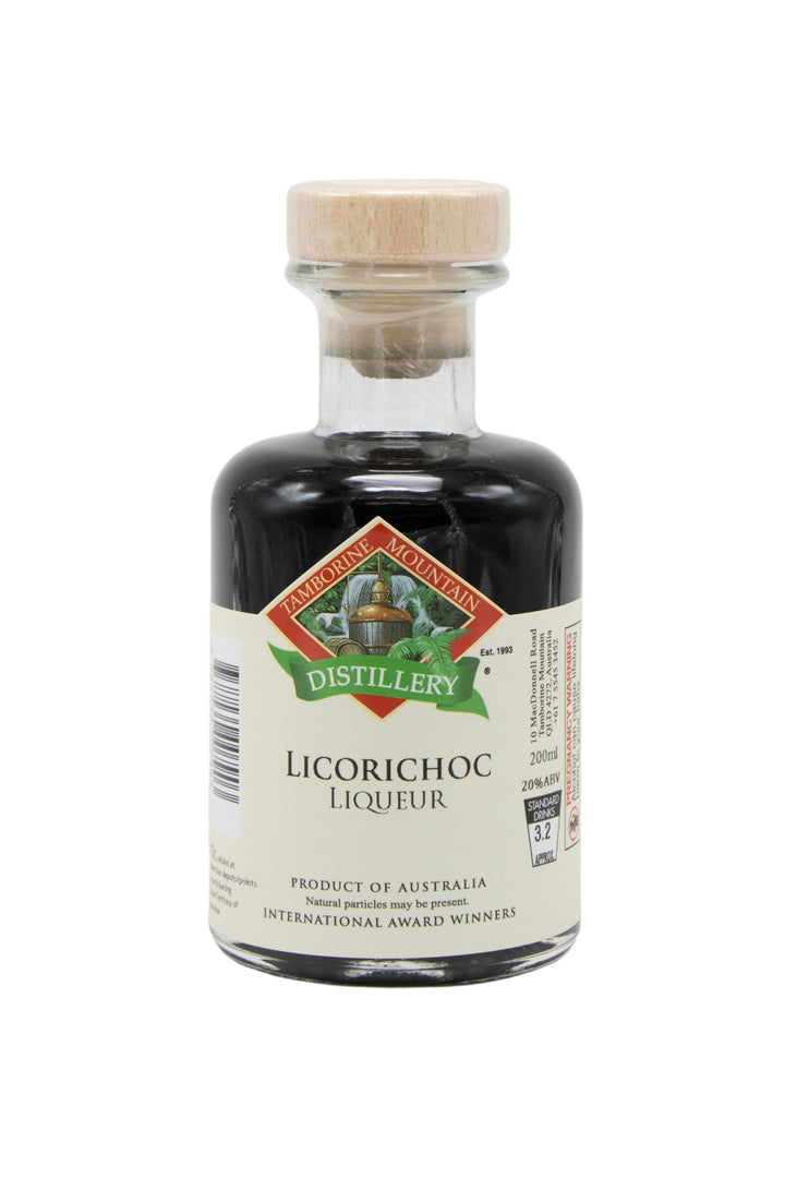 200ml handcrafted bottle of Tamborine Mountain Distillery’s Licorichoc Liqueur, in clear glass with small artisan label