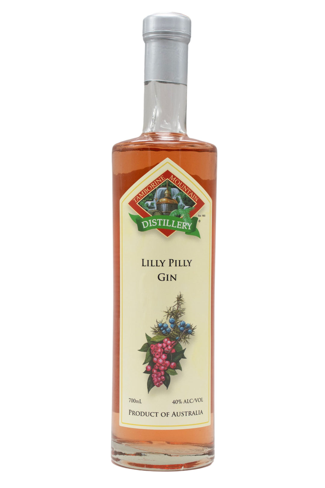 700ml clear glass bottle of Tamborine Mountain Distillery Lilly Pilly Gin, featuring a watercolour-style illustrated label reflecting its flavour profile.