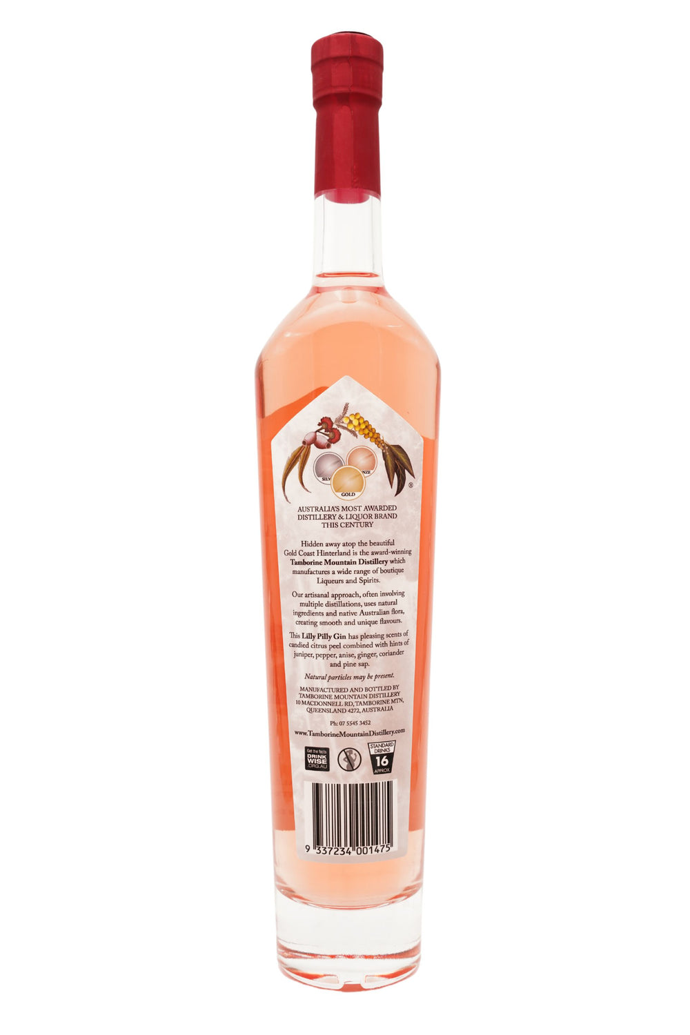 Back of 500ml clear glass bottle of Tamborine Mountain Distillery Lilly Pilly Gin, featuring a watercolour-style illustrated label reflecting its flavour profile.