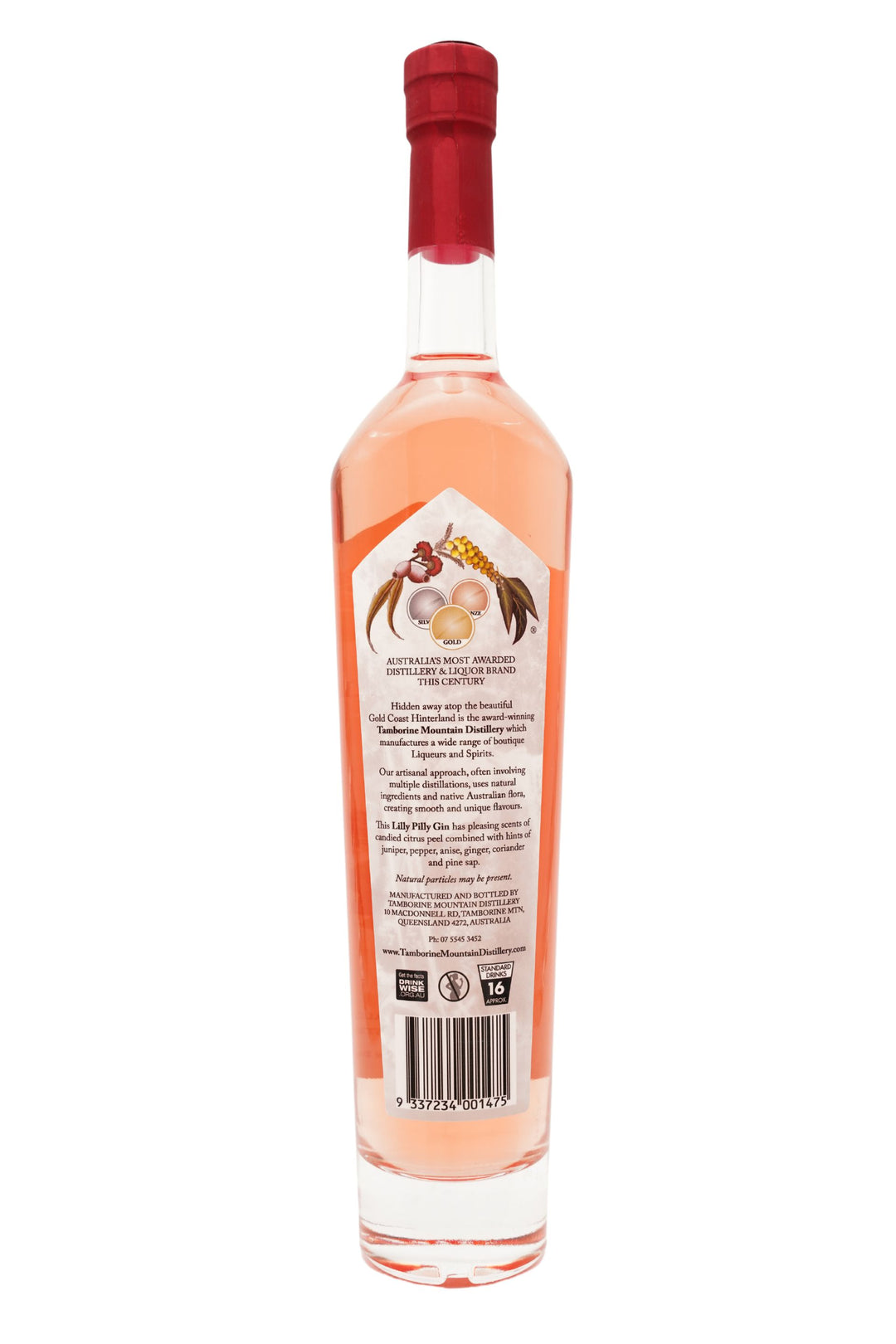 Back of 500ml clear glass bottle of Tamborine Mountain Distillery Lilly Pilly Gin, featuring a watercolour-style illustrated label reflecting its flavour profile.