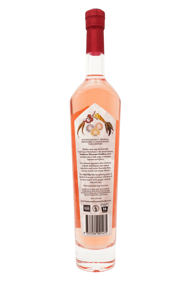 Back of 500ml clear glass bottle of Tamborine Mountain Distillery Lilly Pilly Gin, featuring a watercolour-style illustrated label reflecting its flavour profile.