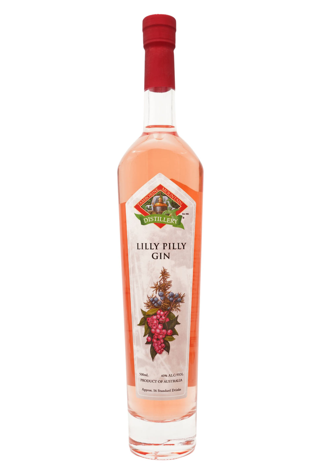 Front of 500ml clear glass bottle of Tamborine Mountain Distillery Lilly Pilly Gin, featuring a watercolour-style illustrated label reflecting its flavour profile.